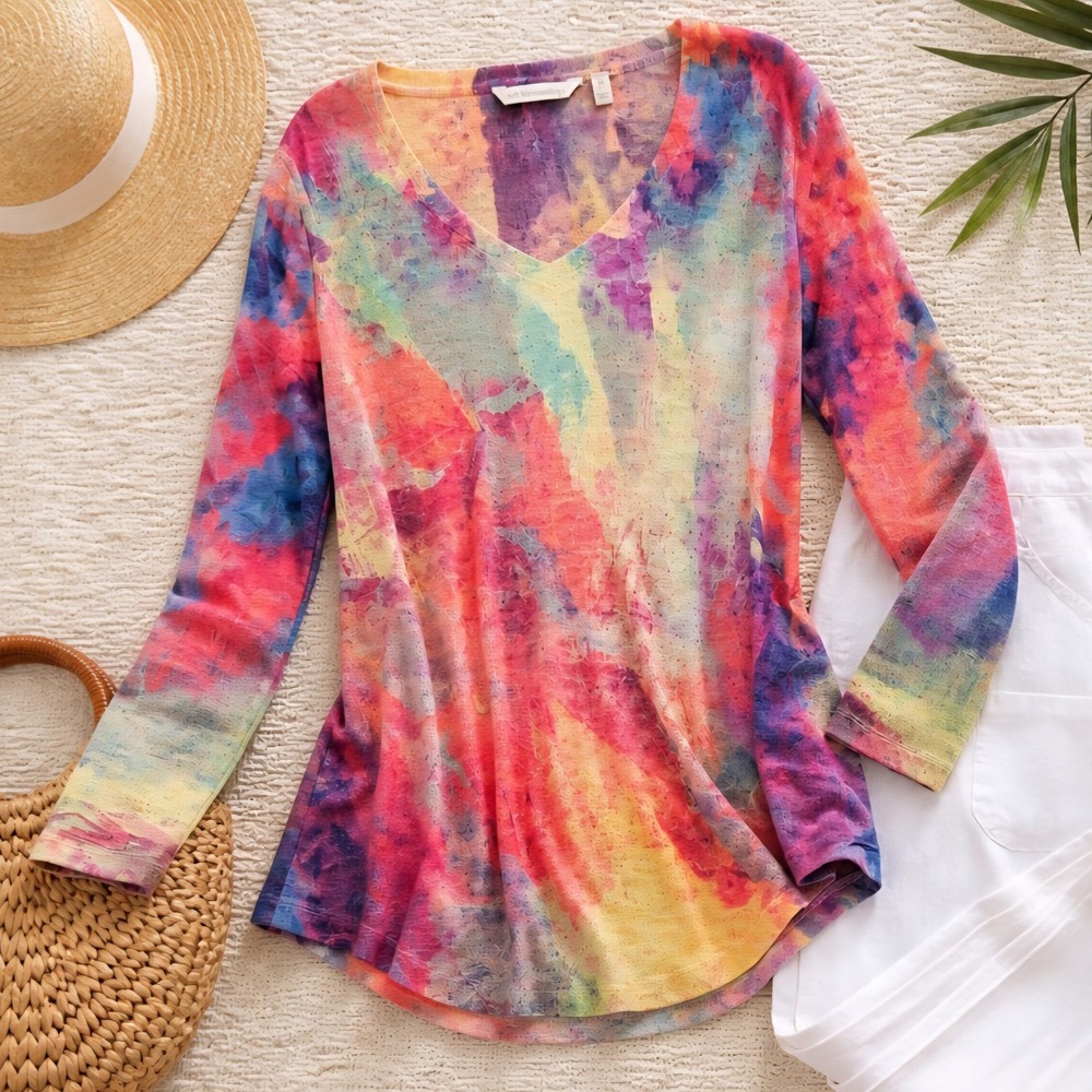 Soft Surroundings Lightweight Summer Sweater Sz M Colorful Knit V-Neck Resort